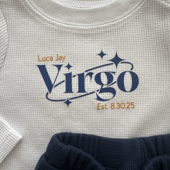 Virgo Baby Customizable Long Sleeve Bodysuit And Pants. Sizes 0-3 to 6 Months - Picture 3 of 5